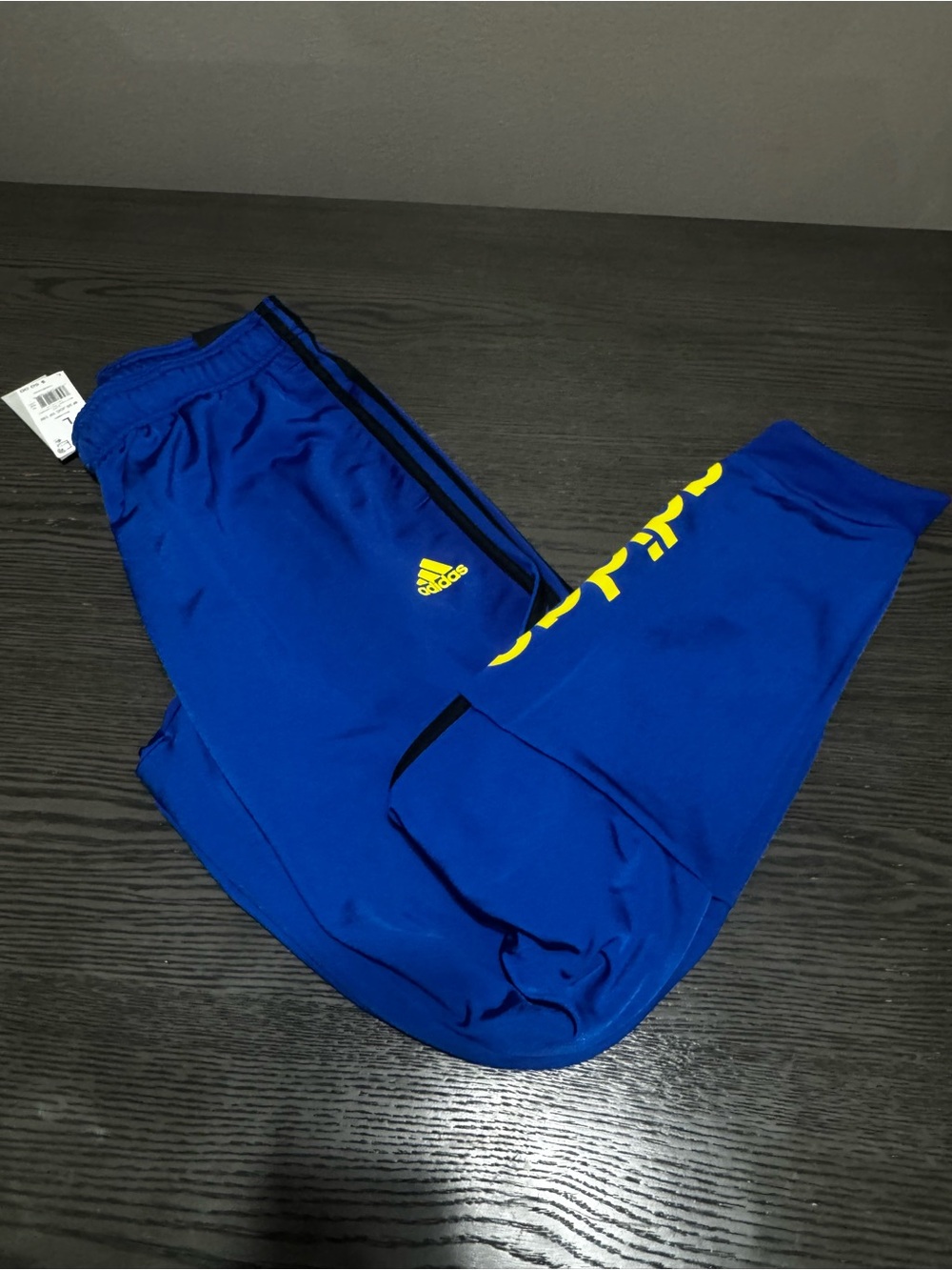 Adidas mens Blue Track Pants with Yellow Logo